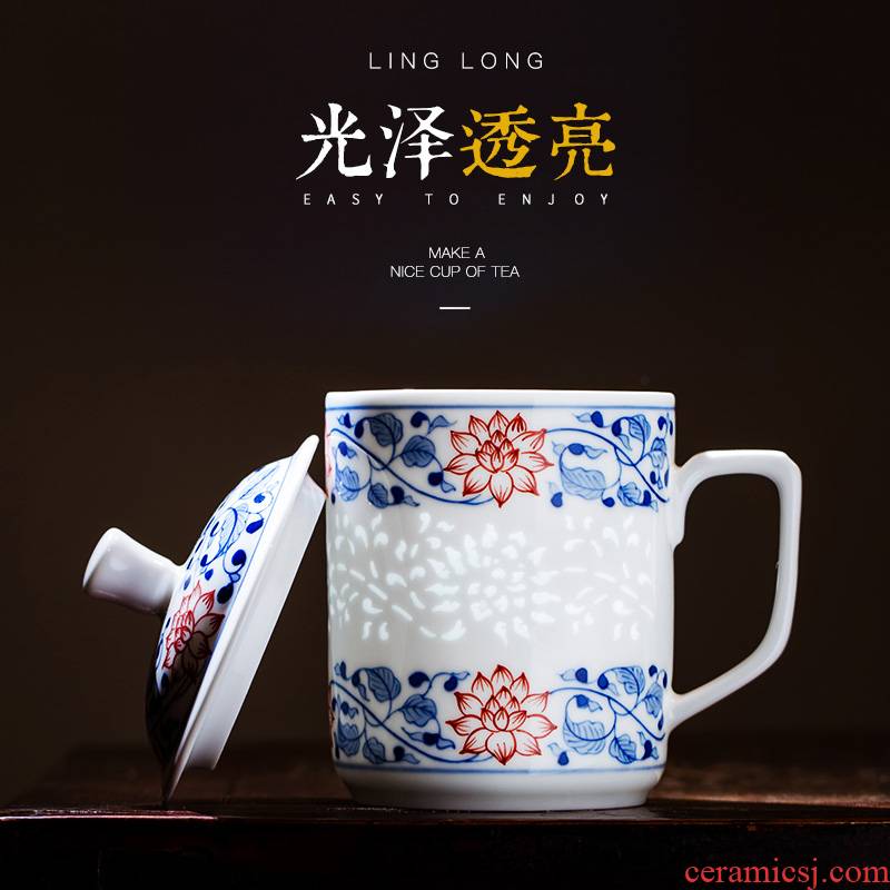 Jingdezhen blue and white youligong ceramic cups hand - made office of restoring ancient ways and exquisite cup tea cups with cover glass