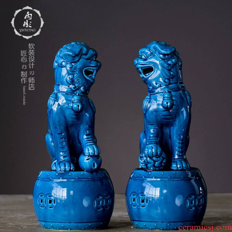 Jingdezhen ceramic blue lion dog animal furnishing articles of new Chinese style living room porch decoration process