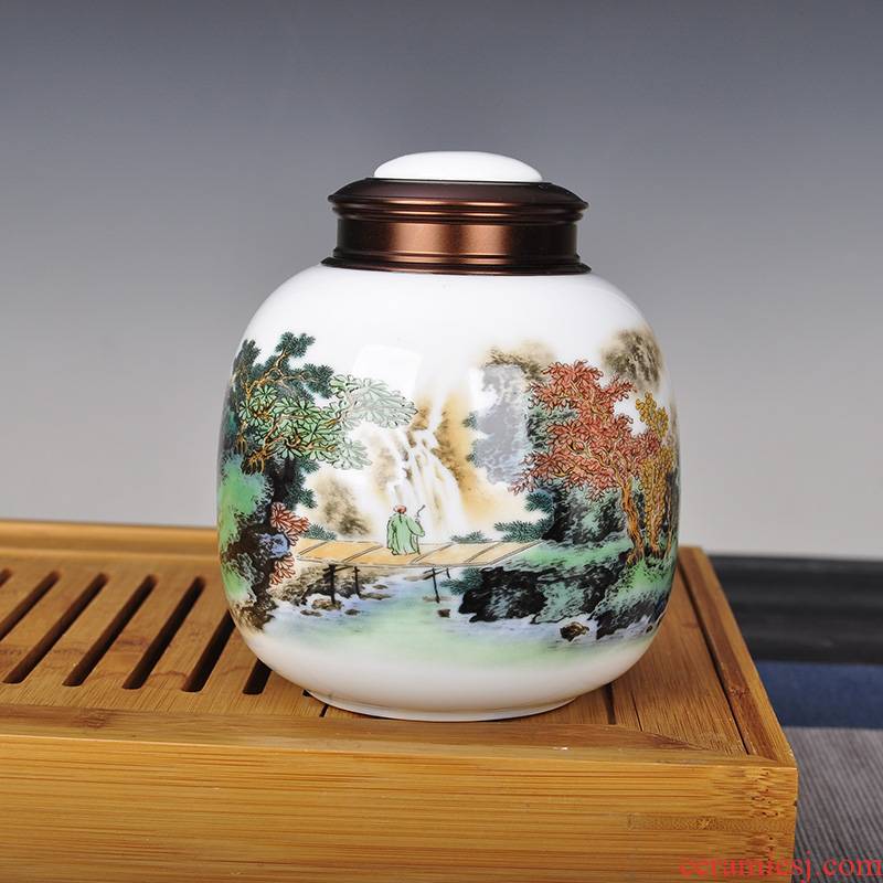 Landscape figure double metal cover ceramic seal caddy fixings tea box general half jins in black tea tea POTS