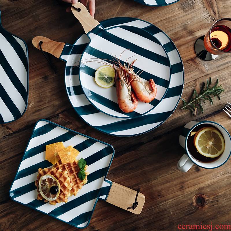 Creative Nordic under glaze color ceramic tableware acacia wood handle plate steak dinner plate pasta dish dish Nordic tableware