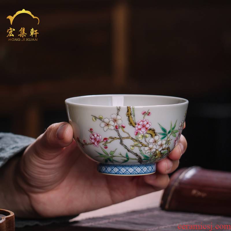Pastel high - capacity masters cup bamboo kung fu tea set jingdezhen ceramic hand - made colored enamel name plum single CPU