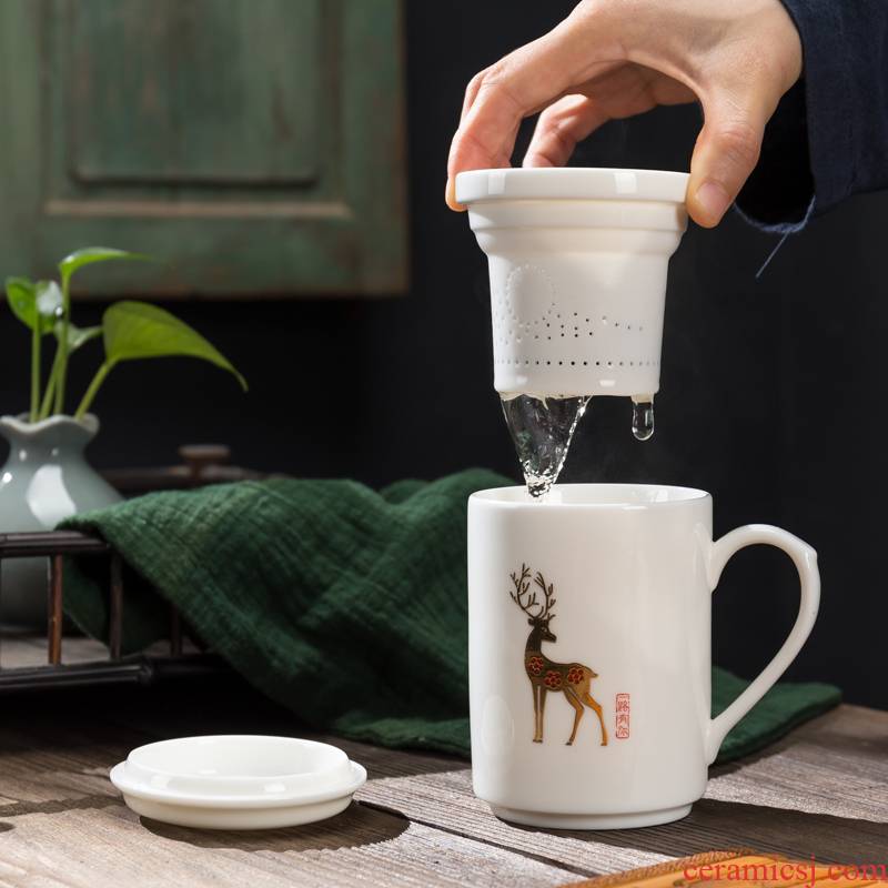Dehua white porcelain ceramic tea cup with lid filtration separation office cup tea cup personal tea cup flower tea cups