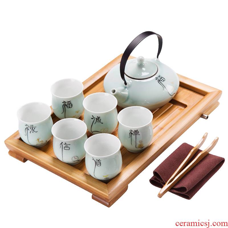 Kung fu tea set ceramic celadon girder pot a pot of six cups of tea, modern household family contracted sitting room