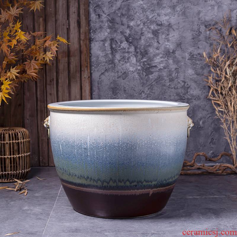 Jingdezhen ceramic aquariums retro coarse pottery flowerpot blackish green, gold tortoise cylinder double lion ear lotus bowl lotus basin