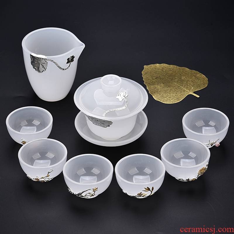 Ancient jade sheng up porcelain tea sets jade porcelain cup with silver tureen household white porcelain tea gift boxes of gifts