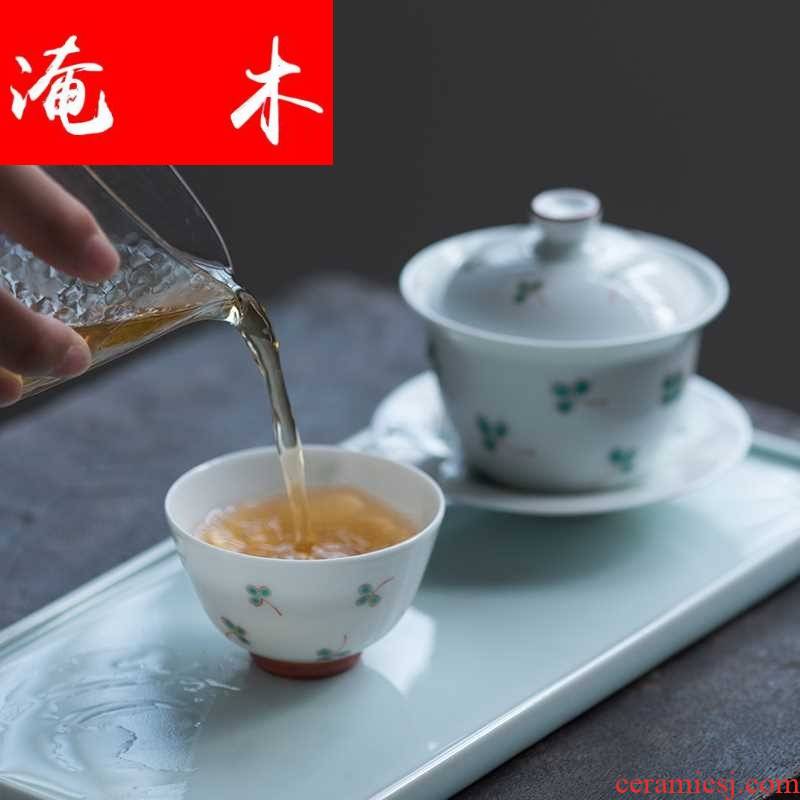 Submerged wood jingdezhen lucky grass series lid bowl cups pure hand draw pastel manual small pure and fresh and ceramic tea set