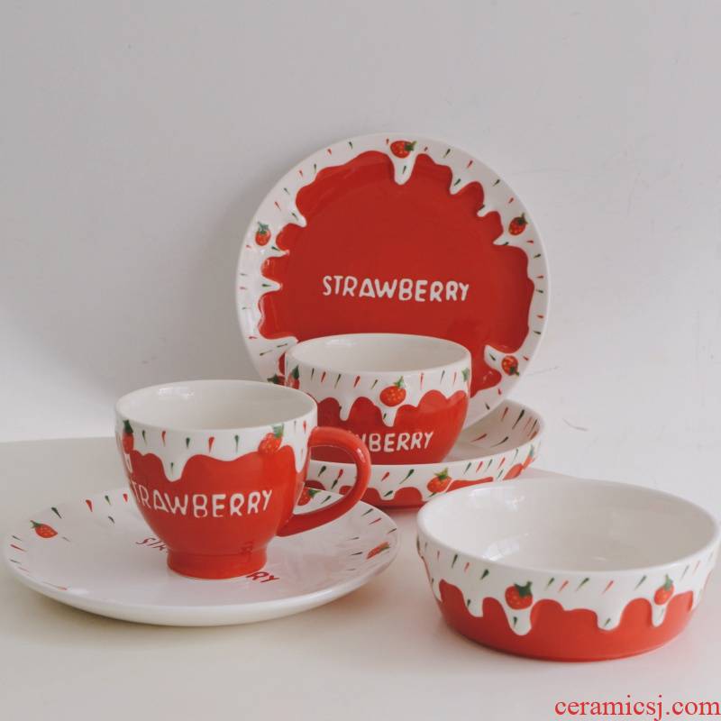 Strawberry ceramic disc ins wind lovely hand - made breakfast tray Strawberry fruit bowl bowl of milk cup sweet afternoon tea
