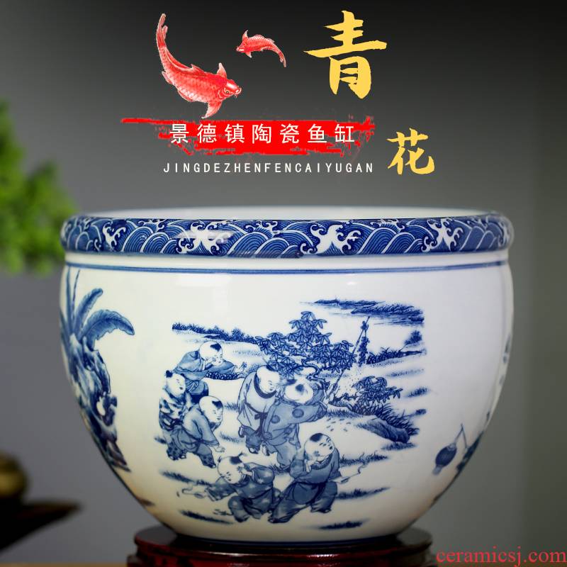 Jingdezhen blue and white porcelain aquarium home sitting room ceramic goldfish turtle cylinder mesa study calligraphy and painting scroll to receive