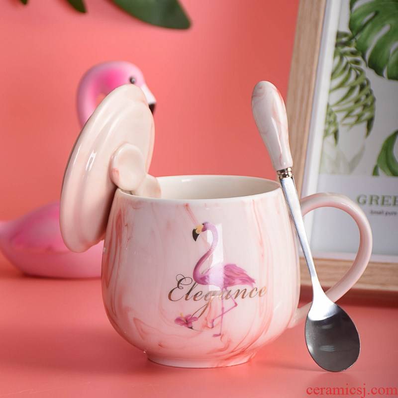 Ins the flamingo female mark cup with cover teaspoons of creative move trend ceramic cups of coffee breakfast picking cups
