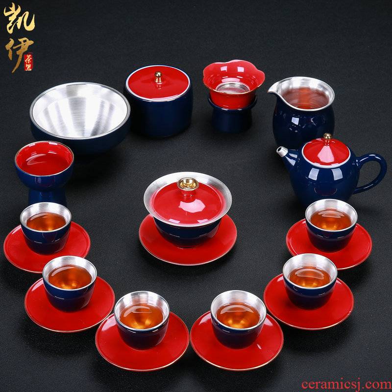Tasted silver gilding ji 999 blue red tea set household jingdezhen ceramic kung fu tea tea tureen teapot