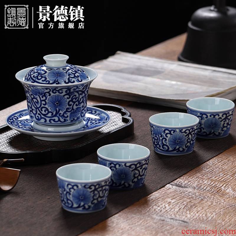 Ceramic hand - made porcelain jingdezhen flagship store only three tureen tea cups suits for domestic high - end tea