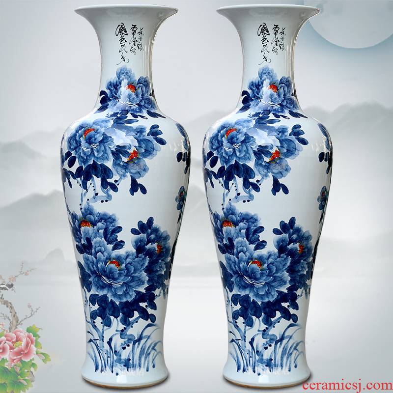 Hand - made peony great vase of blue and white porcelain goddess of mercy bottle of large vases, porcelain of jingdezhen ceramic sitting room big furnishing articles