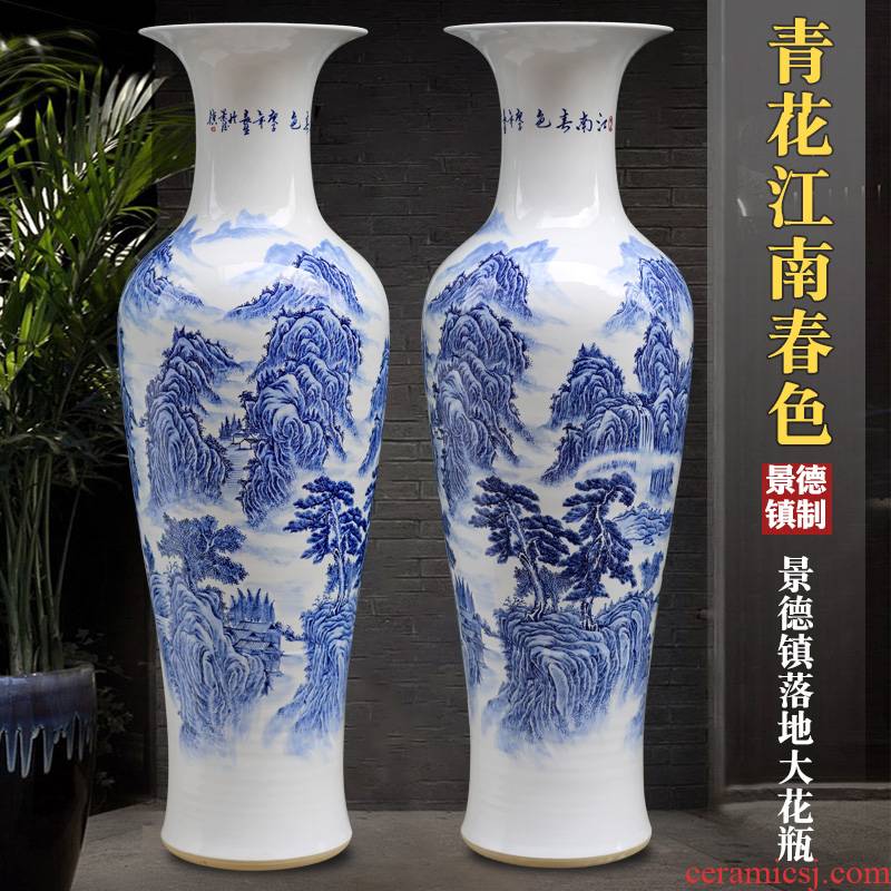 Jingdezhen blue and white porcelain hand - made jiangnan spring scenery landscape painting of large vase household ceramic furnishing articles sitting room adornment
