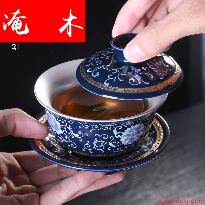 Submerged wood thickening kung fu tureen coppering. As blue and white gold silver cup bowl of tea sets jingdezhen ceramic dielectric cup of the big silver tea