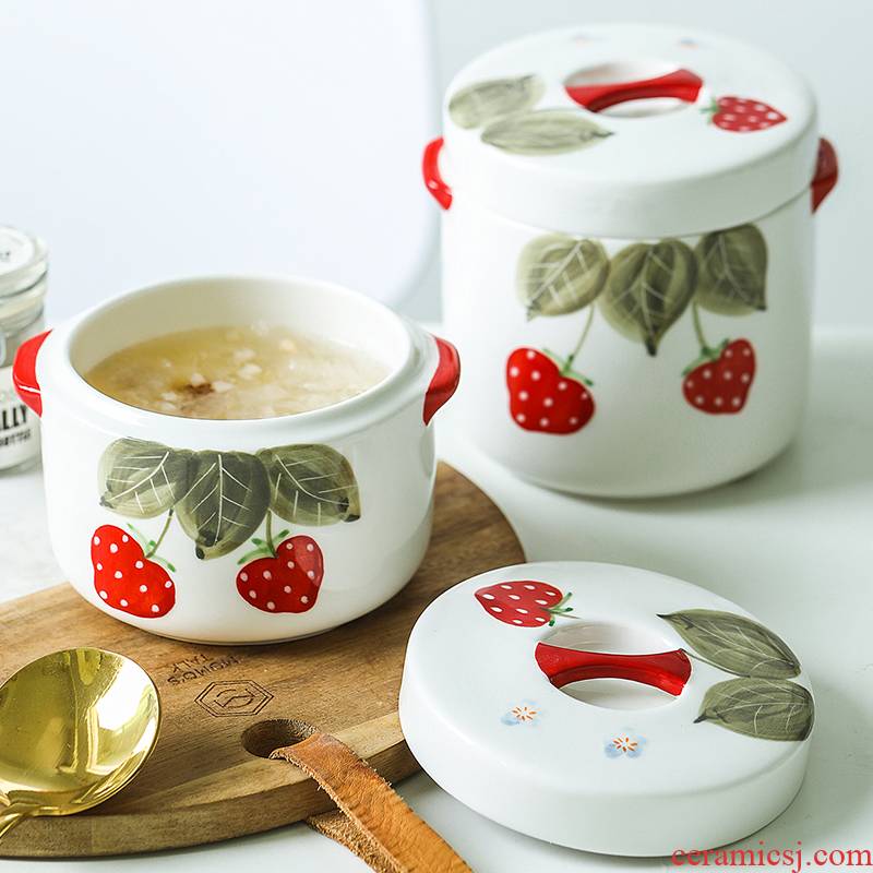 Kitchen ceramic ears stew creative cartoon express strawberry design with cover water small household soup bowl stew stew