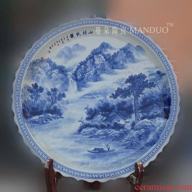 Blue and white landscape of the big diameter of 90 cm hand - made of porcelain high - end decorative porcelain a large sitting room hall China plate