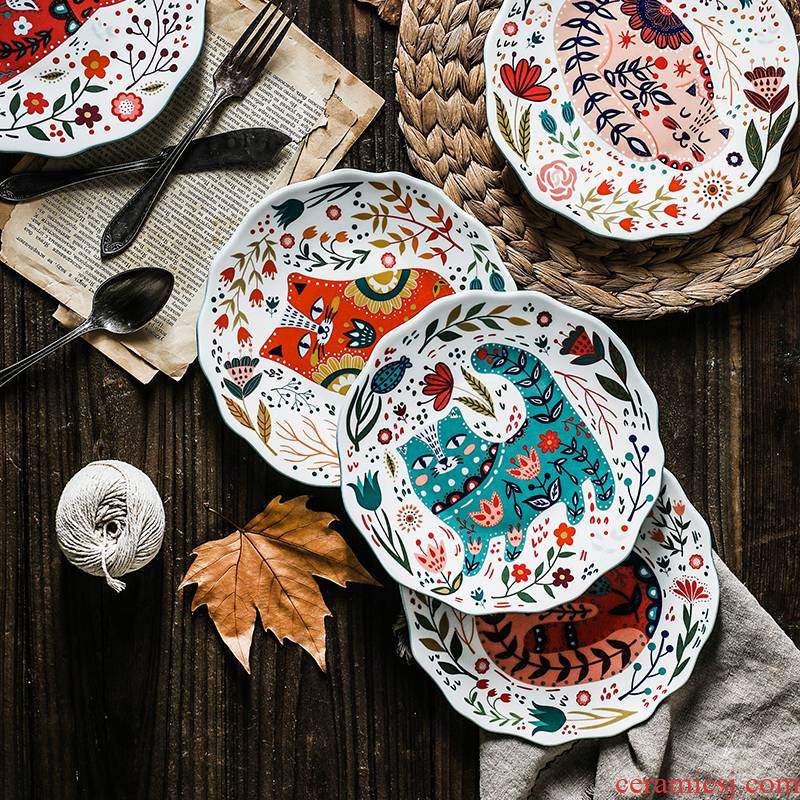 Boreal Europe style originality hand - drawn cartoon cat 0 8 inches snack plate flat the household ceramic plate