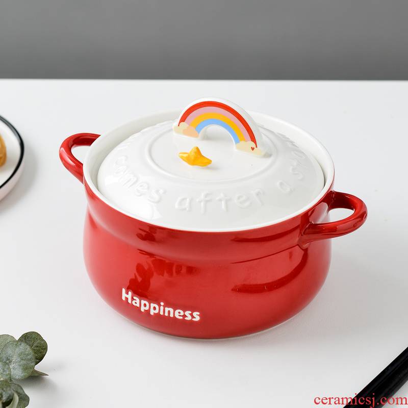 Rainbow girl lovely heart ceramic terms Rainbow such as bowl with cover individual students instant noodles bowl chopsticks suit large soup bowl