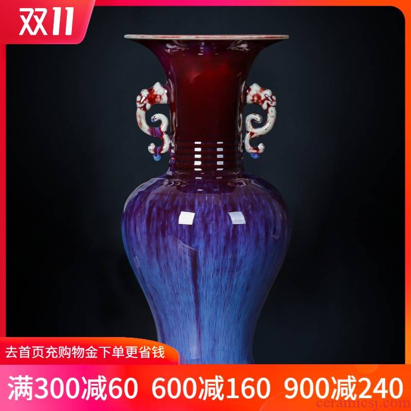 Creative jingdezhen ceramics up ears jun porcelain vase household adornment flower arranging rich ancient frame is placed in the living room