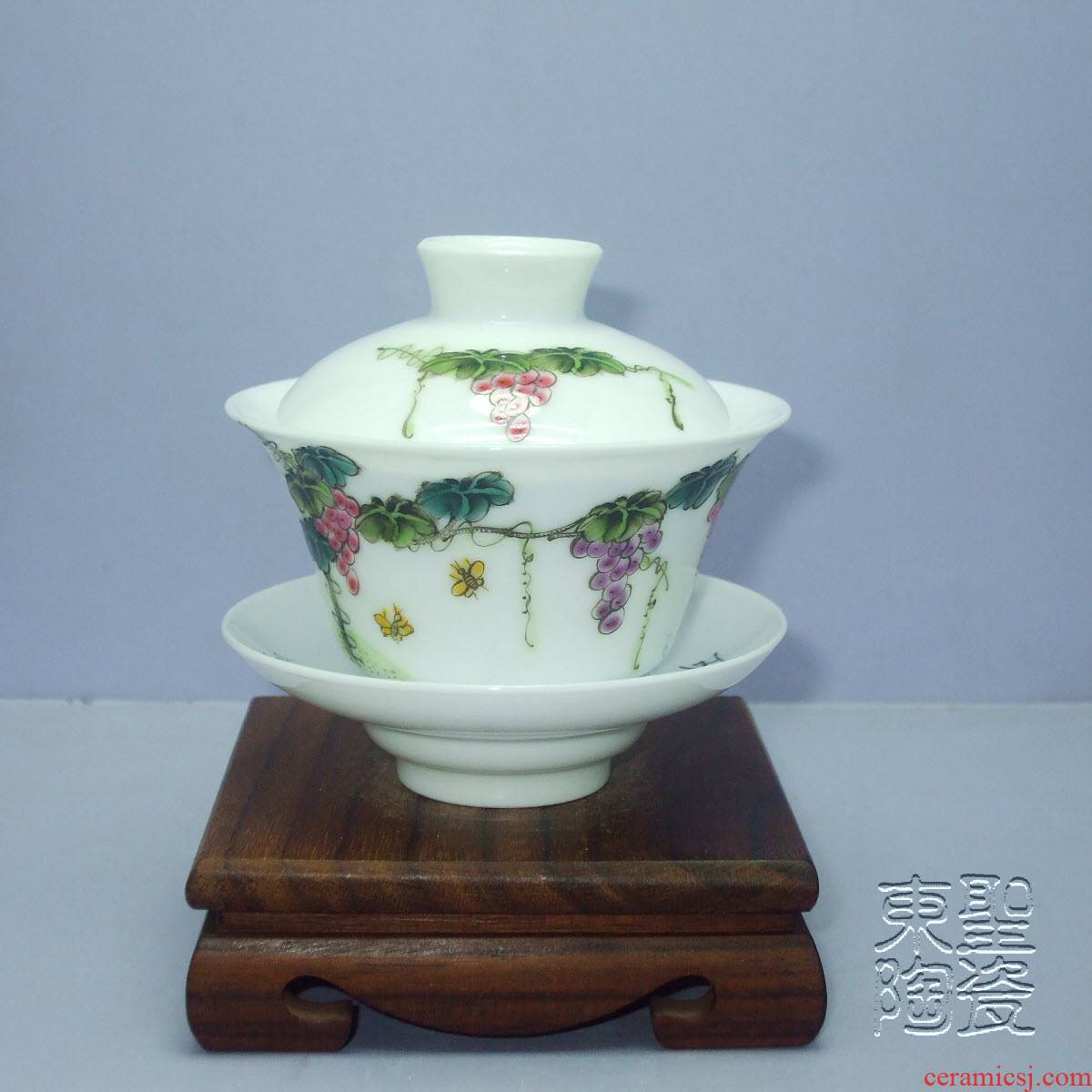 Flooded ShenDeTang red wood grain powder enamel tureen jingdezhen ceramic bowl kung fu tea set hand draw three bowl cover