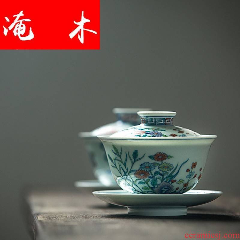 Flooded the wooden bucket capacity up tureen ceramic large hand - made jingdezhen manual enamel three bowl of tea set