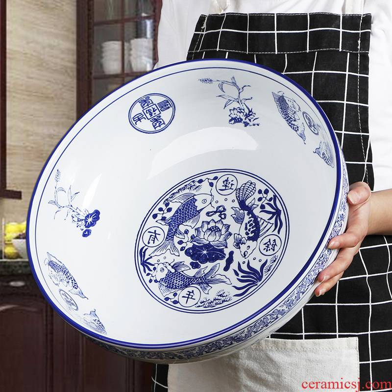 Large bowl of very Large heavy household ceramic bowl of blue and white fish soup bowl bowl of soup basin bowl ltd. big never seafood dishes
