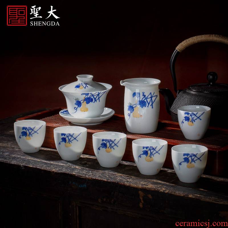 Holy big ceramic kung fu tea set 8 pieces of a complete set of blue and white color bucket hand - made ferro tureen suit set manual of jingdezhen
