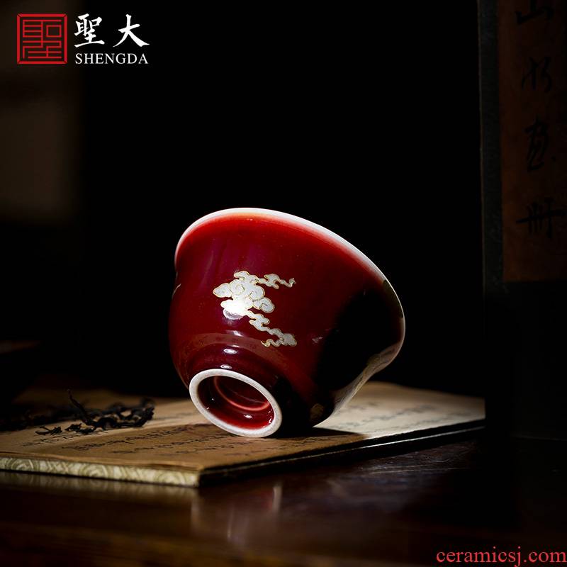 Holy big ceramic kung fu tea sample tea cup ruby red glaze gold and silver clouds, bats pattern master cup of jingdezhen tea service by hand