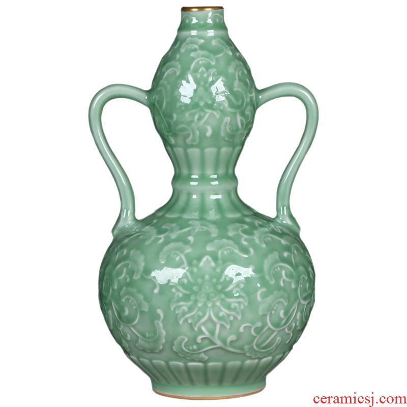 S5 jingdezhen ceramics archaize paint blue glaze carving ears bottle gourd sitting room home furnishing articles