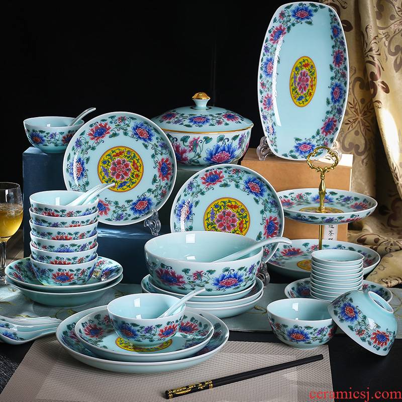 The dishes suit household of Chinese style up phnom penh high - end dishes combination of jingdezhen ceramic celadon tableware suit