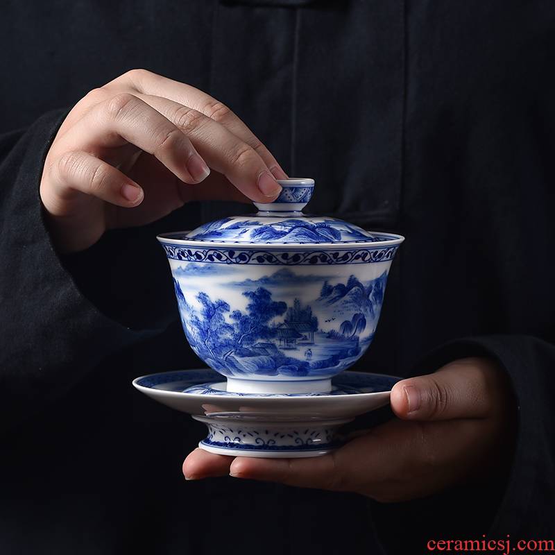 Three tureen suit only a single large jingdezhen checking home landscape thin foetus blue - and - white hand - made tea bowl