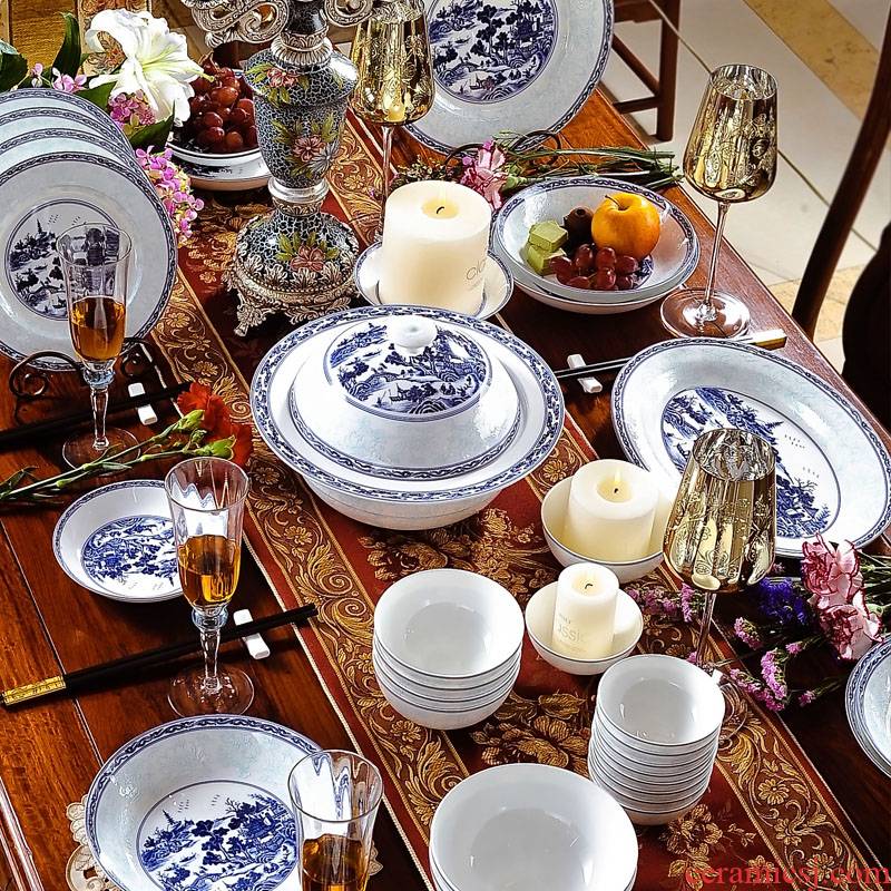 68 head of jingdezhen blue and white porcelain xanadu tableware suit Korean dishes ceramics tableware