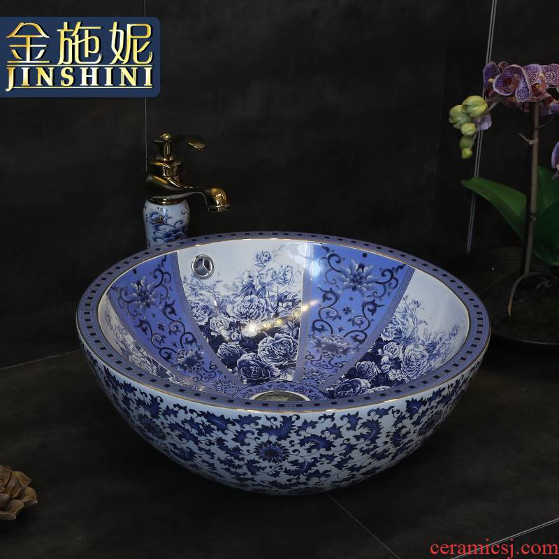 Gold cellnique round sink jingdezhen ceramic face basin stage basin sinks Chinese blue and white art basin