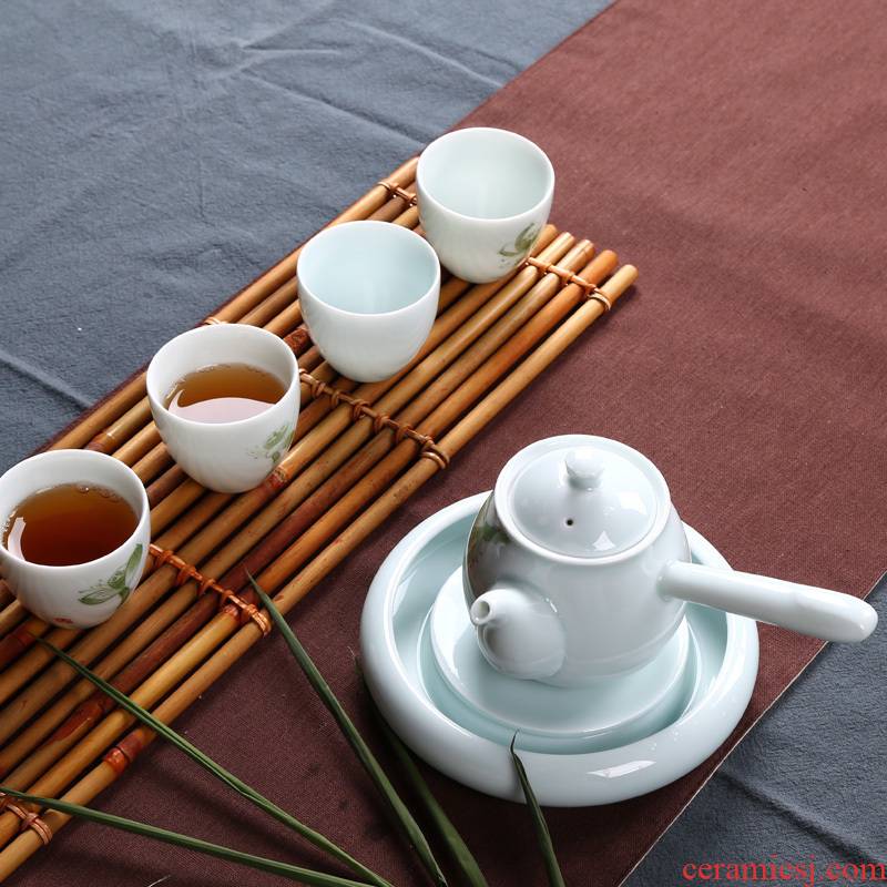 Longquan celadon kung fu tea set a pot of four cups of contracted tea gift box side put the pot of home office gift set