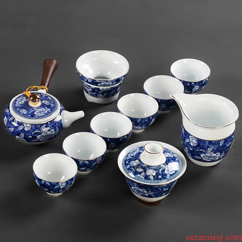 Kung fu tea set of blue and white porcelain teapot teacup 6 only ceramic tea ware household of Chinese style one a complete set of gift boxes