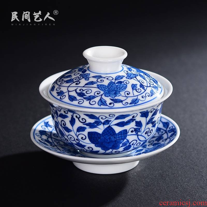 Jingdezhen hand - made tureen medium only three cup bowl of blue and white porcelain ceramic kung fu tea tea bowl of tea cups