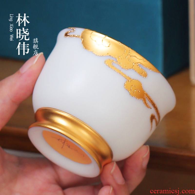 24 k gold inlaid jade suet white porcelain cups kung fu master cup office high - grade ceramic sample tea cup single CPU yellow marigold