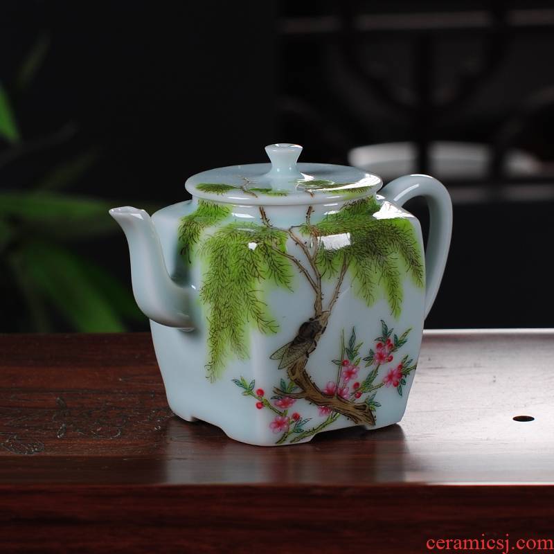 The Owl up with jingdezhen ceramic kunfu tea mercifully tea green glaze antique teapot four penghu - glance tea colored enamel jade mud