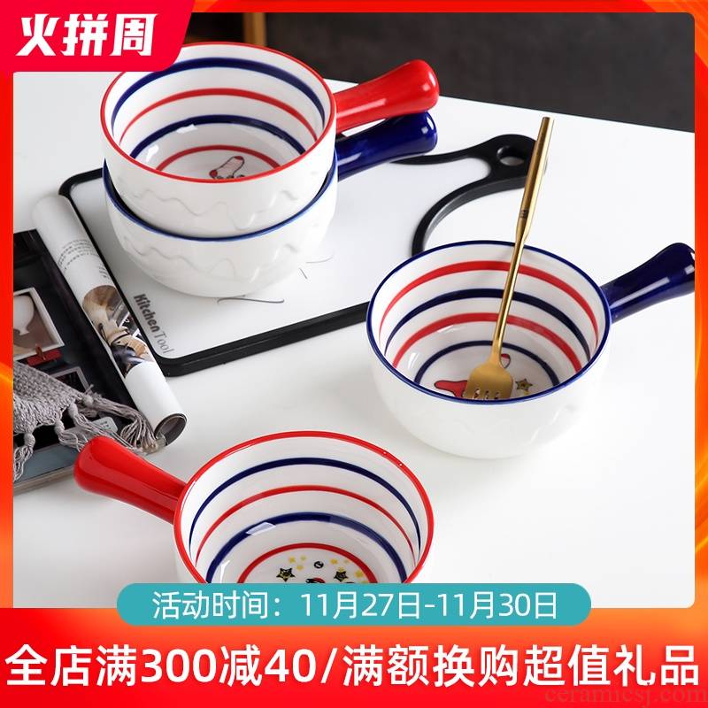 Ceramic bowl household with handle bowl of fruit salad bowl of creative move breakfast snack bowl of red tableware a single net