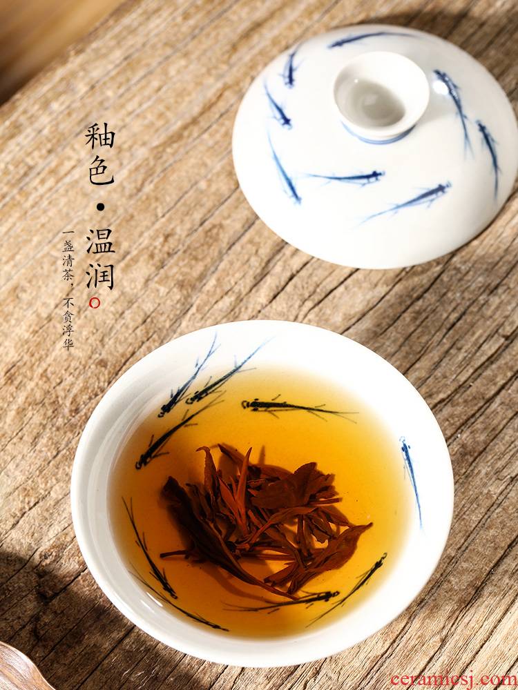 Jingdezhen blue and white hand - made tureen tea cups pure manual plant ash glaze tea bowl of hot kung fu tea set home female