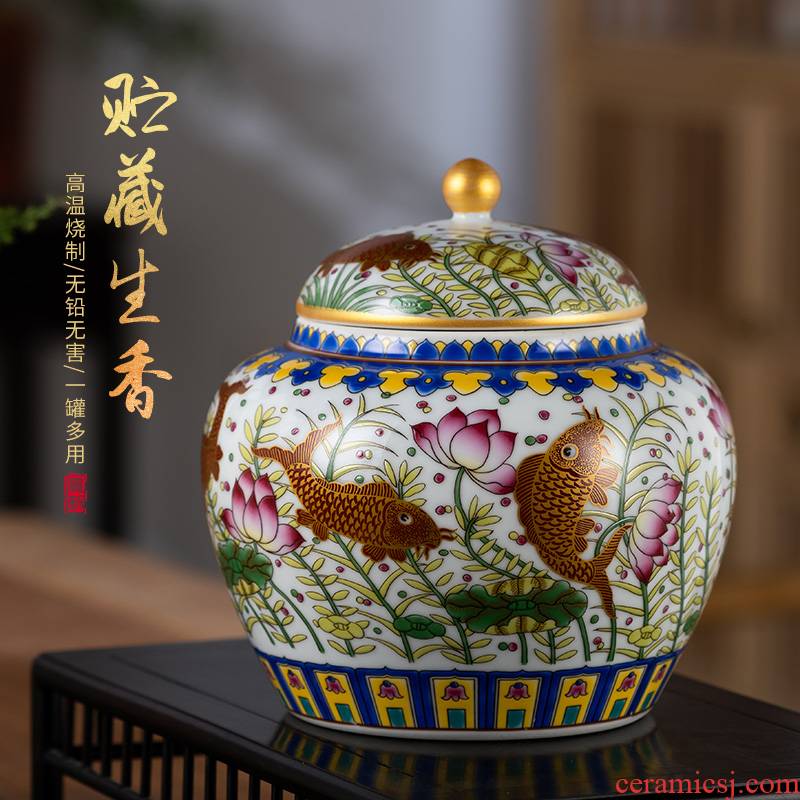 Jingdezhen ceramic tea pot Chinese checking household storage jar black tea pu - erh tea sealed container and POTS