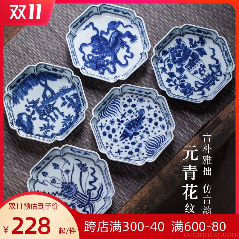 Pure hand - made yuan blue and white porcelain pot bearing ceramic saucer archaize mud grain dry terms plate compote snack plate hexagonal plates