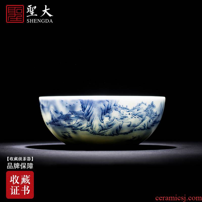 Holy big ceramic kongfu master cup hand - made porcelain of jiangnan landscape lying inside and outside foot cup of jingdezhen tea service by hand