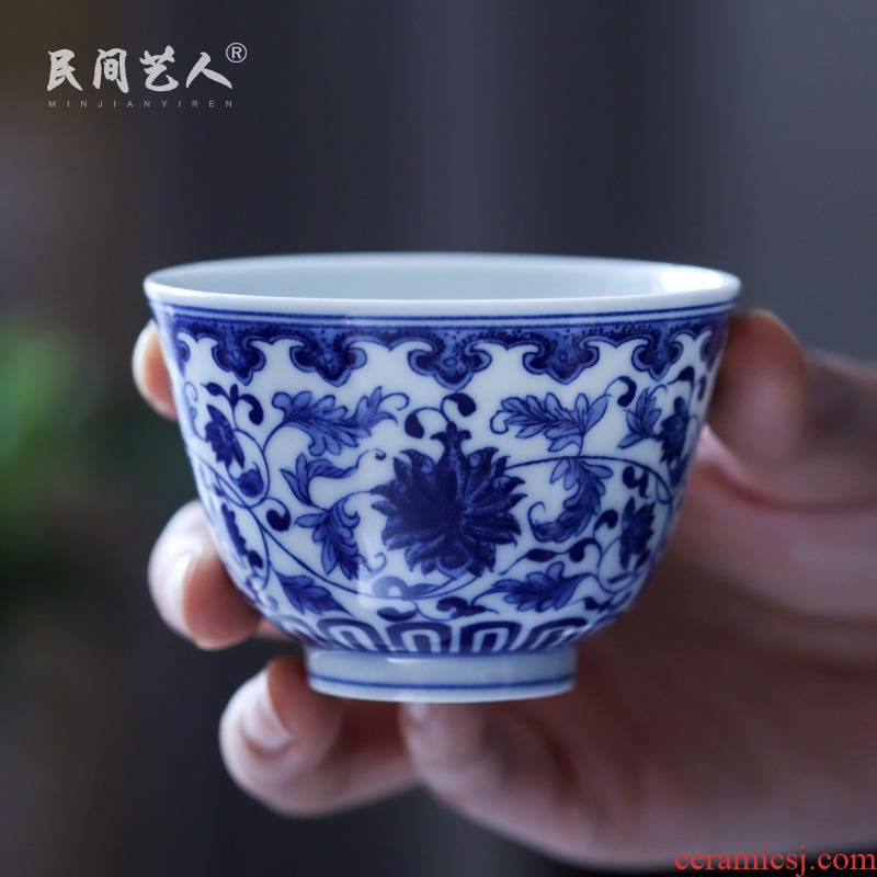 Pure manual hand - made ceramic masters cup of jingdezhen blue and white porcelain large kung fu tea cups single cup small bowl
