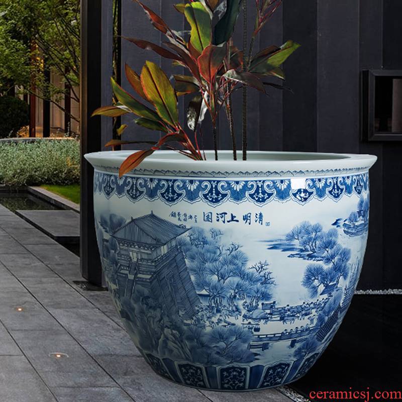 Jingdezhen ceramic aquarium painting tortoise cylinder water lily lotus bowl lotus cylinder king hotel courtyard furnishing articles
