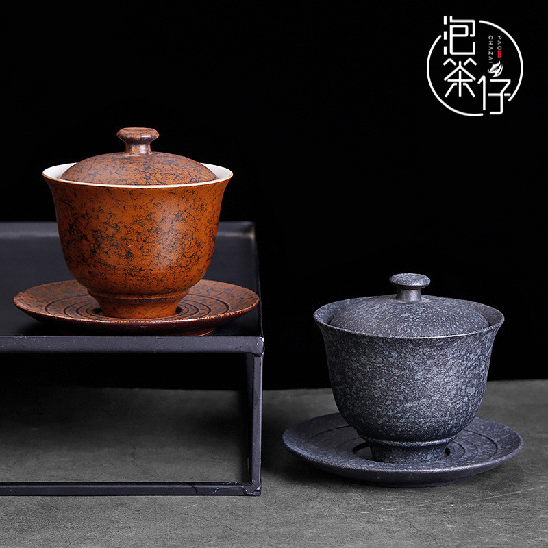 Coarse pottery kongfu tea tureen tea cups large three cup single ceramic bowl with the custom LOGO restoring ancient ways