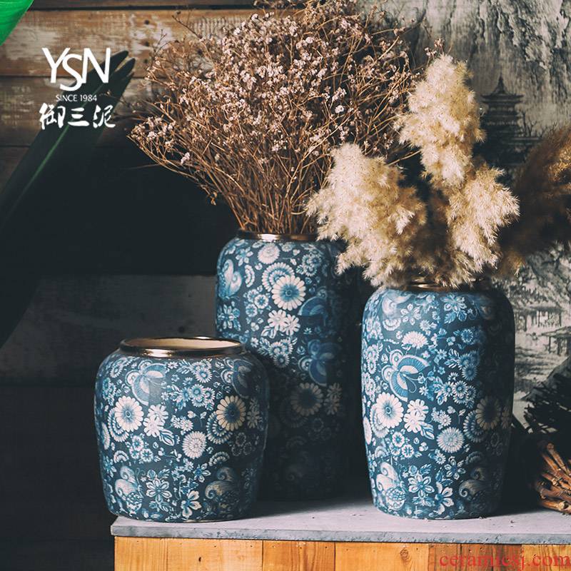 Flower arrangement sitting room place the dried zen three mud jingdezhen ceramic Flower light of new Chinese style key-2 luxury royal blue and white porcelain vase