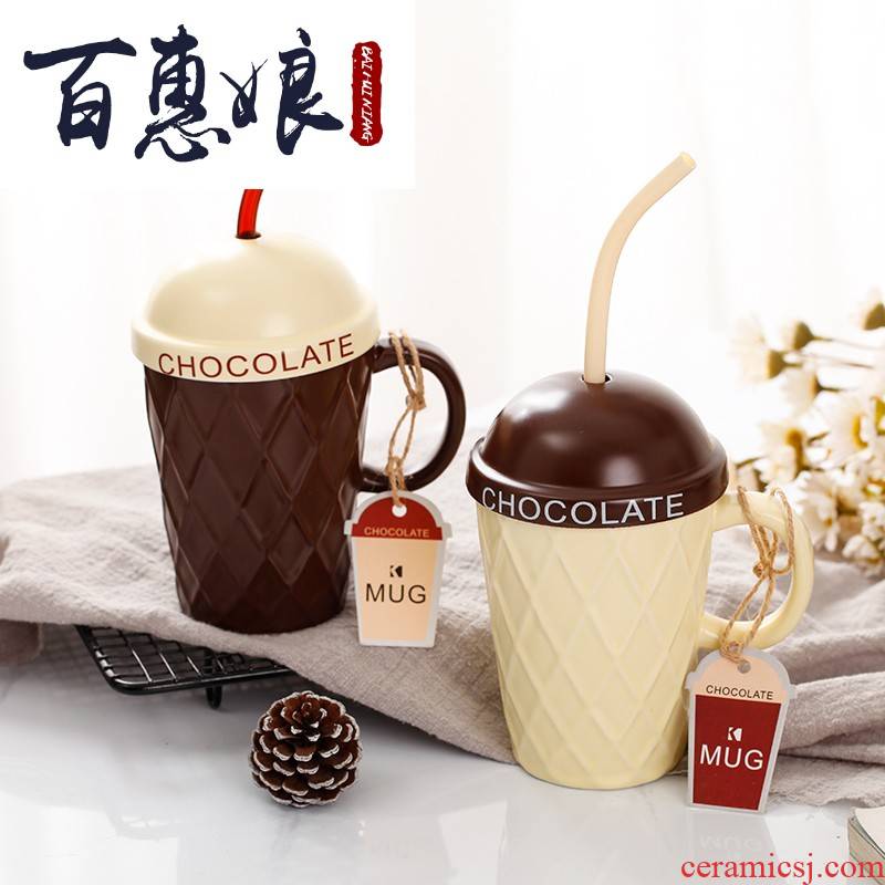 (niang move into chocolate color ceramic keller with spoon straw contracted, lovely home office coffee