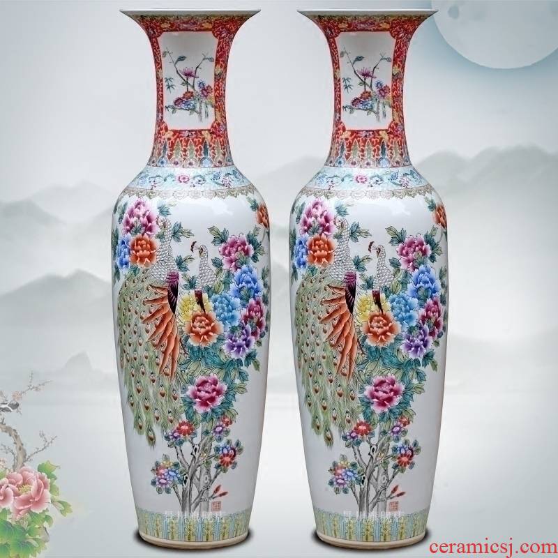 Jingdezhen ceramics hand - made pastel color peacock peony hotel furnishing articles home sitting room of large vase