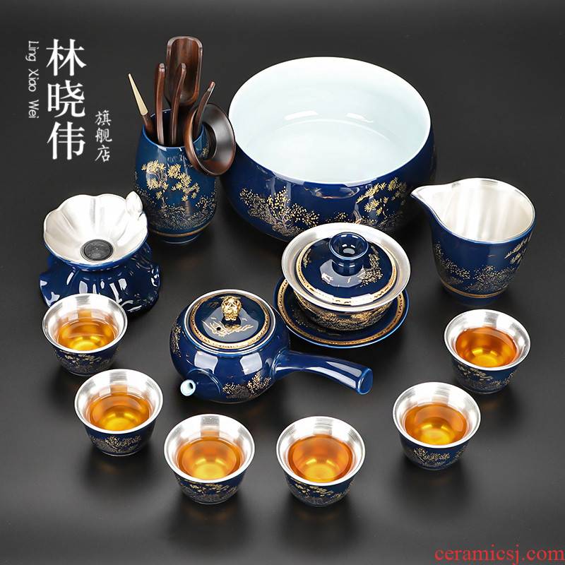 Jingdezhen ceramic 999 coppering. As silver kung fu tea set household silver side put as the office gift box of a complete set of suits for